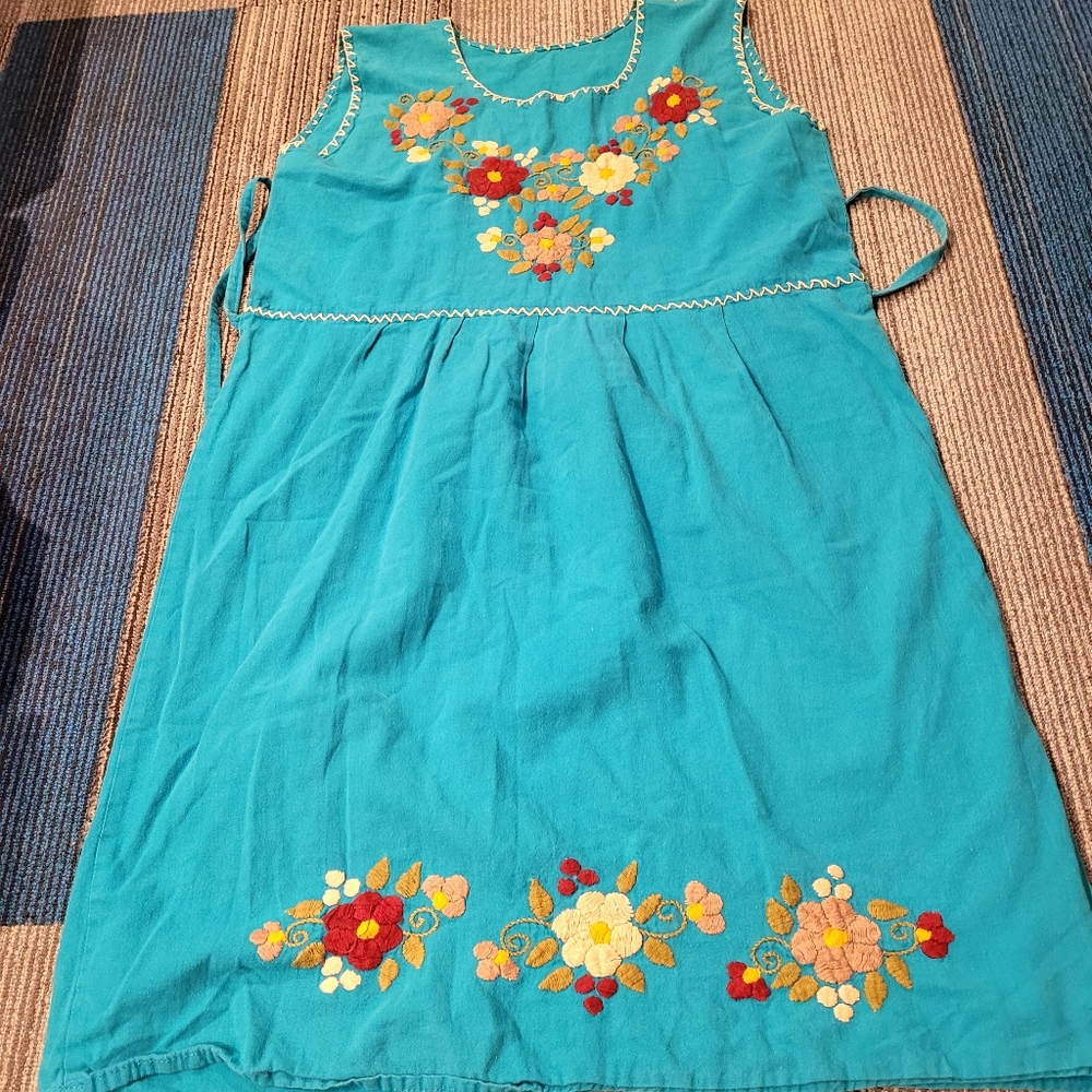Mexicana Teal Blue Embroidered Floral Mexican peasant Oaxacan Dress